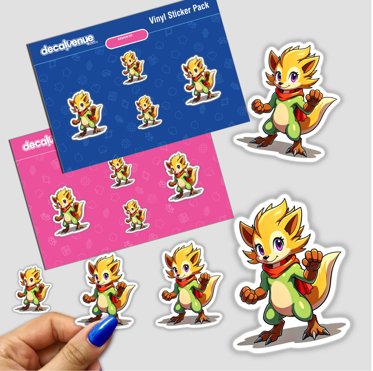 Sticker pack featuring Furry Fighter - Happy Haze The Hedgehog, showcasing cartoon animals with scarves, including a fox. Available as vinyl stickers or digital artwork from Decal Venue.