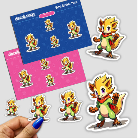 Sticker pack featuring Furry Fighter - Happy Haze The Hedgehog, showcasing cartoon animals with scarves, including a fox. Available as vinyl stickers or digital artwork from Decal Venue.
