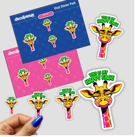 This Is My Happy Face Cute Grumpy Giraffe sticker pack features cartoon giraffes with playful expressions. A hand holds the pack, showcasing unique vinyl stickers from Decal Venue.