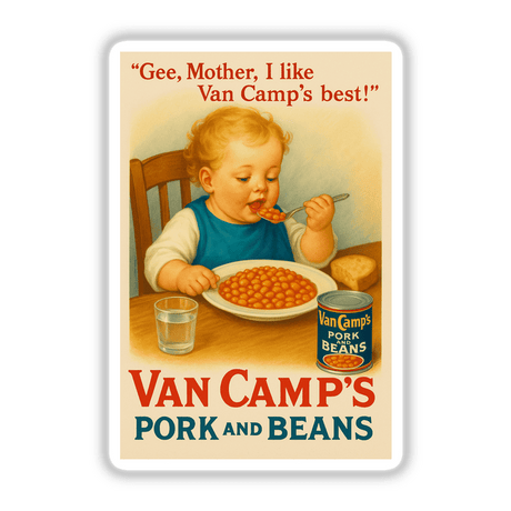 1920 Van Camp’s Pork and Beans Printable or Sticker features a charming vintage ad illustration of a child with beans, perfect for nostalgic décor or creative projects, offered by Decal Venue.