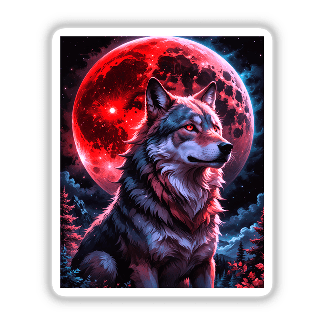 A Wolf In The Night With A Blood Moon: Intricate artwork depicting a wolf with red eyes under a striking red moon, offered as unique stickers or digital art from Decal Venue.