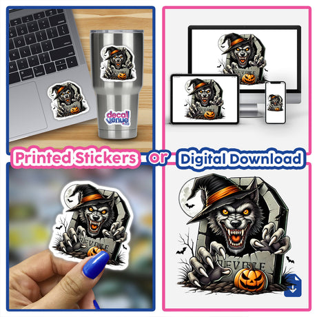 Halloween Wolf Peeking Out of Tombstone - Spooky digital artwork with snarling wolf and pumpkin, available as printed stickers or digital download on DecalVenue store.
