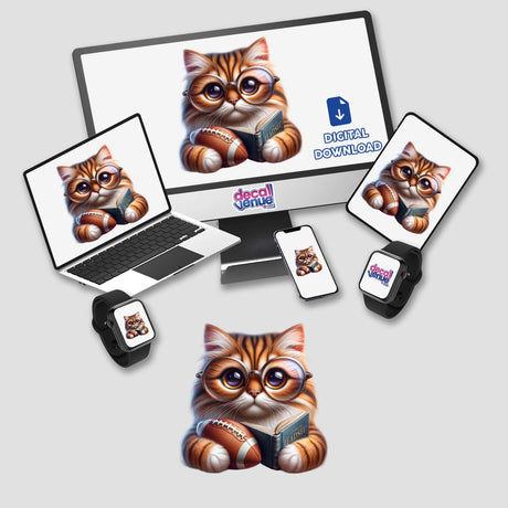 Cat in Reading Glasses with Open Book and Football sticker, featuring a whimsical cat engrossed in a book, holding a football, perfect for personalizing laptops or digital spaces.
