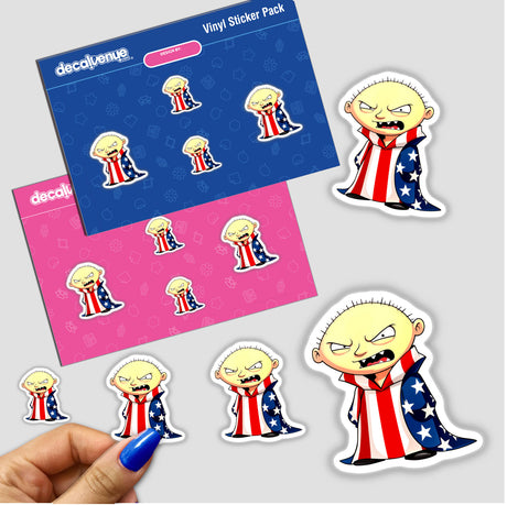 A hand holds a sticker featuring a cartoon man in a red, white, and blue robe titled A Funny Guy With An American Flag, available as stickers or digital artwork.