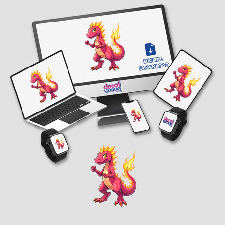 Dino Fighter - Blaze Tyranno digital artwork displayed on a monitor and laptop, featuring a cartoon dragon. Available as stickers or digital art from Decal Venue.