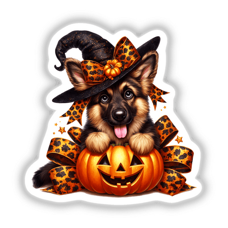 Cute German shepherd dog in Halloween-themed costume sitting inside a pumpkin, wearing a witch's hat and decorative pumpkin and leopard-print accessories.