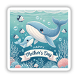 Happy Mothers Day Underwater Cartoon Whales Scene features a whimsical illustration of a cartoon whale, fish, and bubbles, available as stickers or digital artwork from Decal Venue.