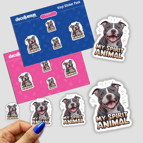 Colorful stickers featuring images of a smiling pitbull dog with the text "My Spirit Animal". The stickers are placed against a vibrant pink and blue background, showcasing the unique and eye-catching digital artwork.