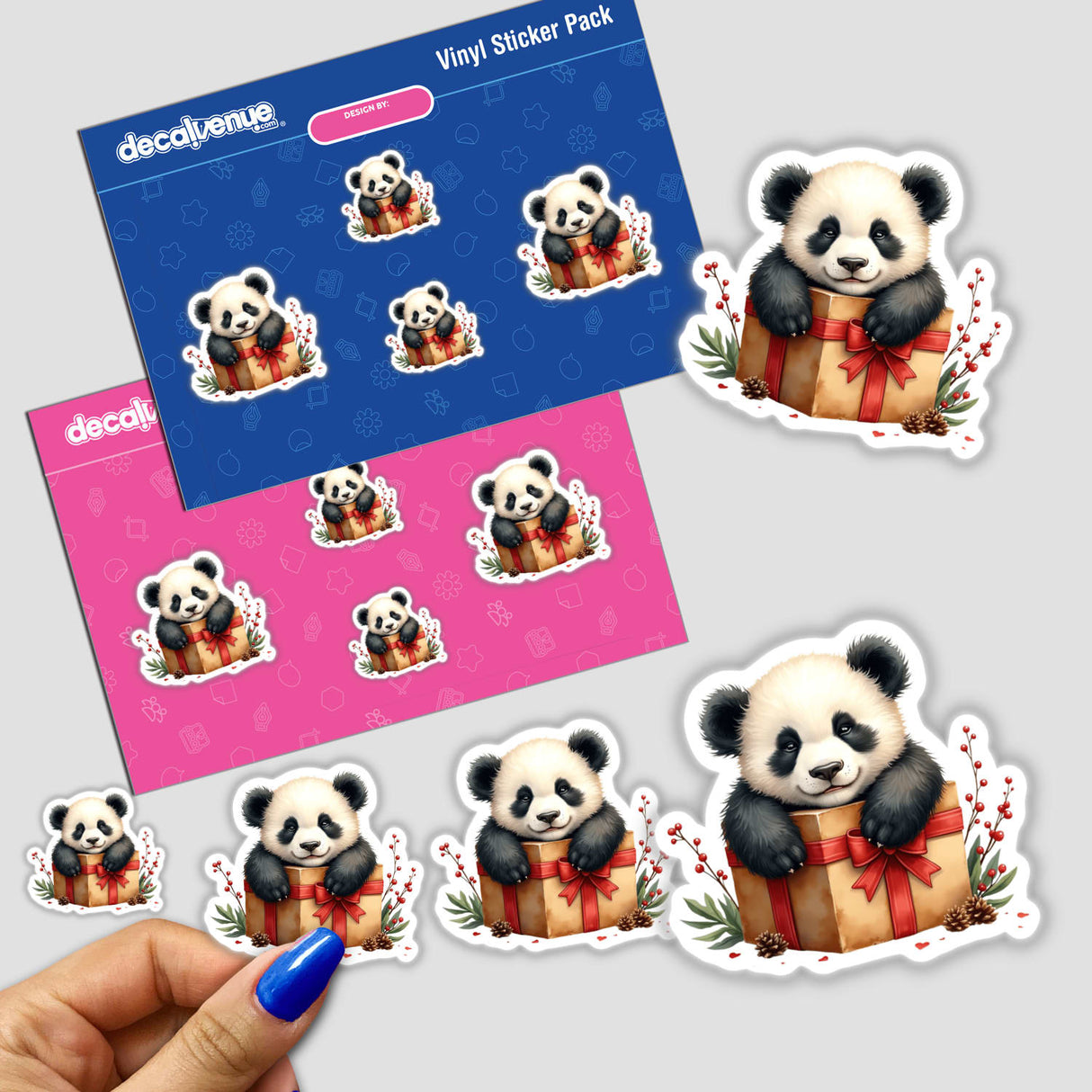 Baby Panda on Christmas Present Box stickers, featuring adorable panda bears in gift boxes, available as stickers or digital artwork, ideal for adding a cute touch to your collection.