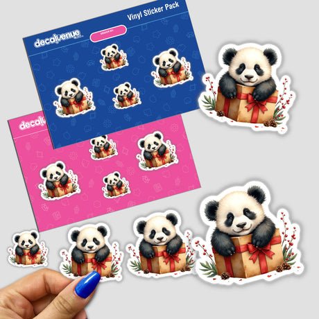 Baby Panda on Christmas Present Box stickers, featuring adorable panda bears in gift boxes, available as stickers or digital artwork, ideal for adding a cute touch to your collection.