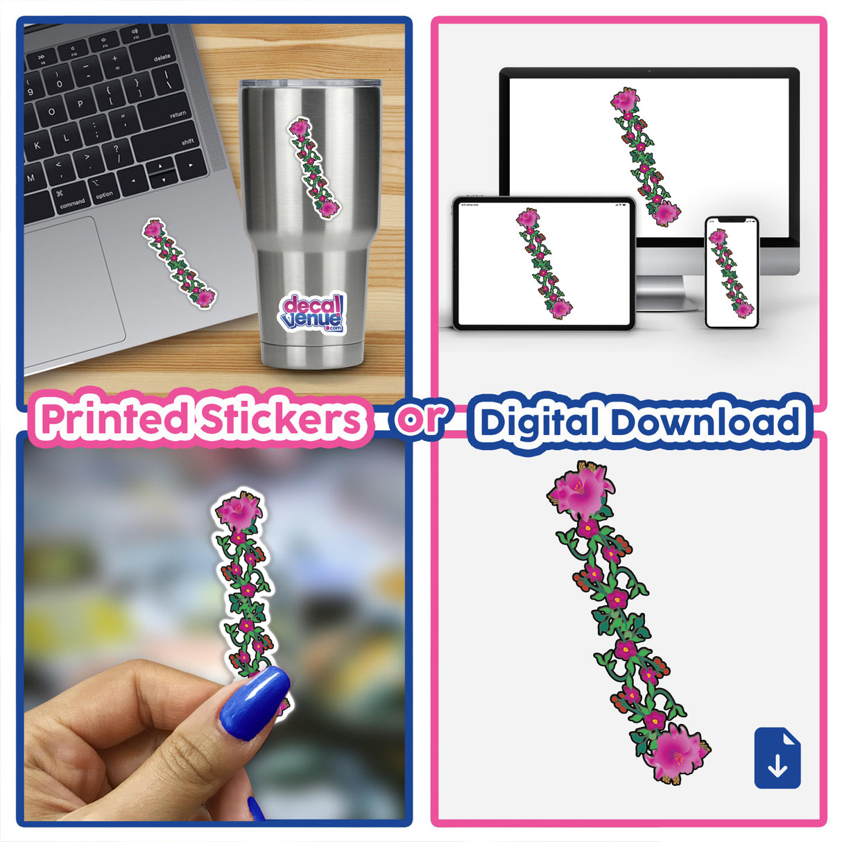 Collage of 'pink_flowers' stickers and digital artwork, featuring a laptop with a floral sticker, emphasizing unique vinyl designs from Decal Venue.