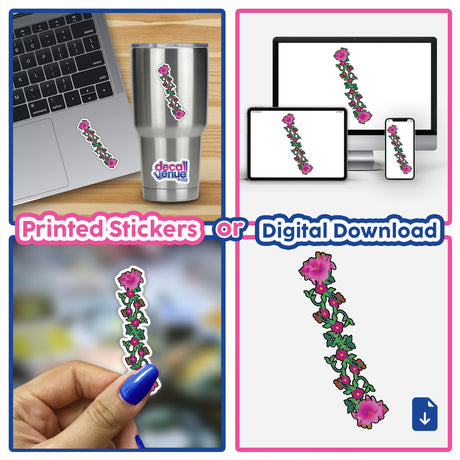Collage of 'pink_flowers' stickers and digital artwork, featuring a laptop with a floral sticker, emphasizing unique vinyl designs from Decal Venue.