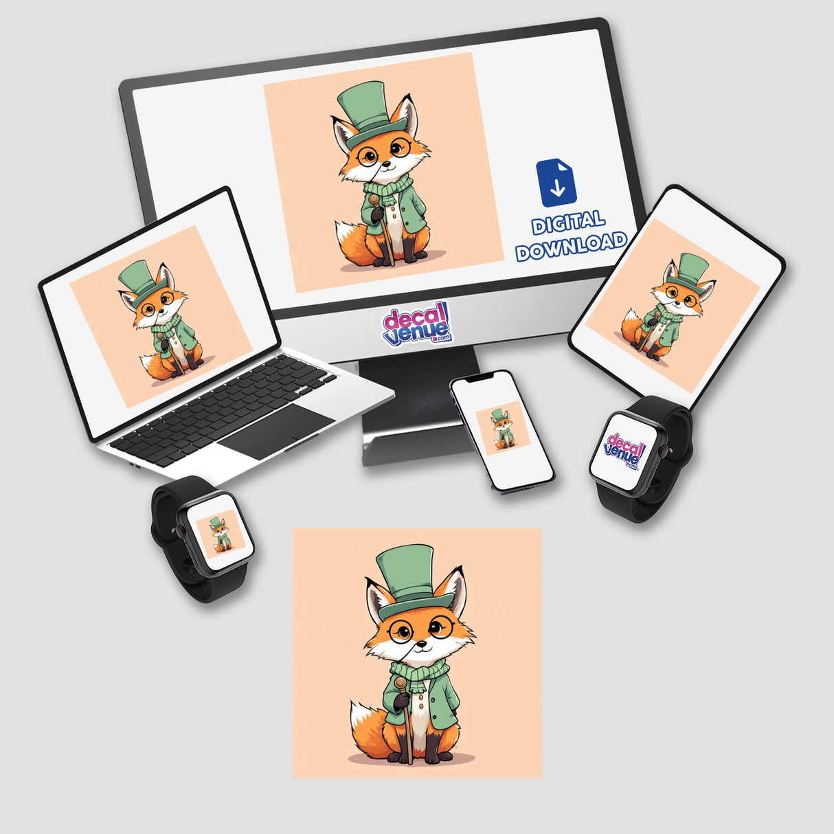 Curious Fox with Monocle and Top Hat featured on a computer monitor and laptop, showcasing unique stickers or digital artwork available from Decal Venue.