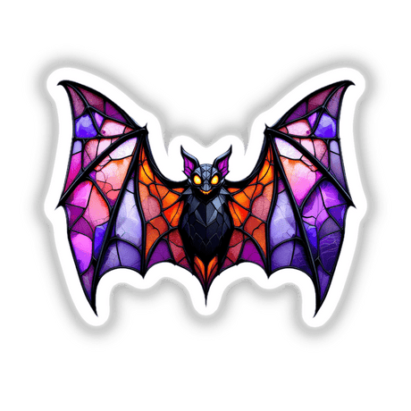 Bat Stained Glass Style: A vibrant, cartoon-style bat with intricate wing patterns, available as stickers or digital artwork from Decal Venue, known for unique designs.