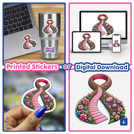 Collage showcasing Pink Ribbon Pathway digital artwork by DecalVenue, highlighting a floral pathway sticker on various surfaces like laptops, cups, and held in hand for art projects.