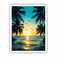 Tropical Twilight Seagulls Over Ocean Sunset: A serene scene of birds flying over a tranquil ocean at sunset, with silhouetted palm trees, available as stickers or digital artwork from Decal Venue.