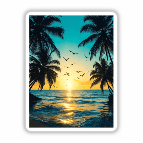 Tropical Twilight Seagulls Over Ocean Sunset: A serene scene of birds flying over a tranquil ocean at sunset, with silhouetted palm trees, available as stickers or digital artwork from Decal Venue.