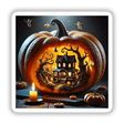 Pumpkin Realm - A Tiny Haunted World Inside a Pumpkin, depicting a pumpkin with a miniature house and trees inside, alongside a ghost with wings, and a flying bird. Available as stickers or digital artwork.