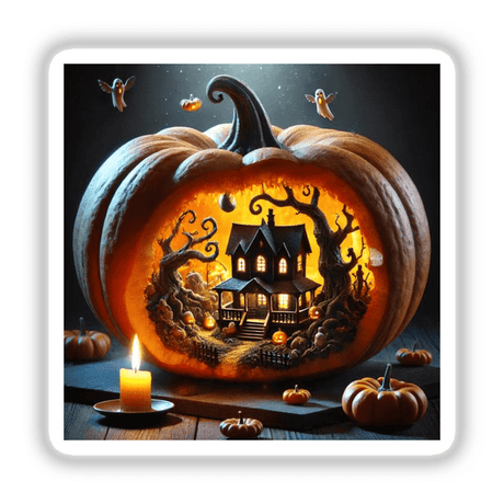 Pumpkin Realm - A Tiny Haunted World Inside a Pumpkin, depicting a pumpkin with a miniature house and trees inside, alongside a ghost with wings, and a flying bird. Available as stickers or digital artwork.