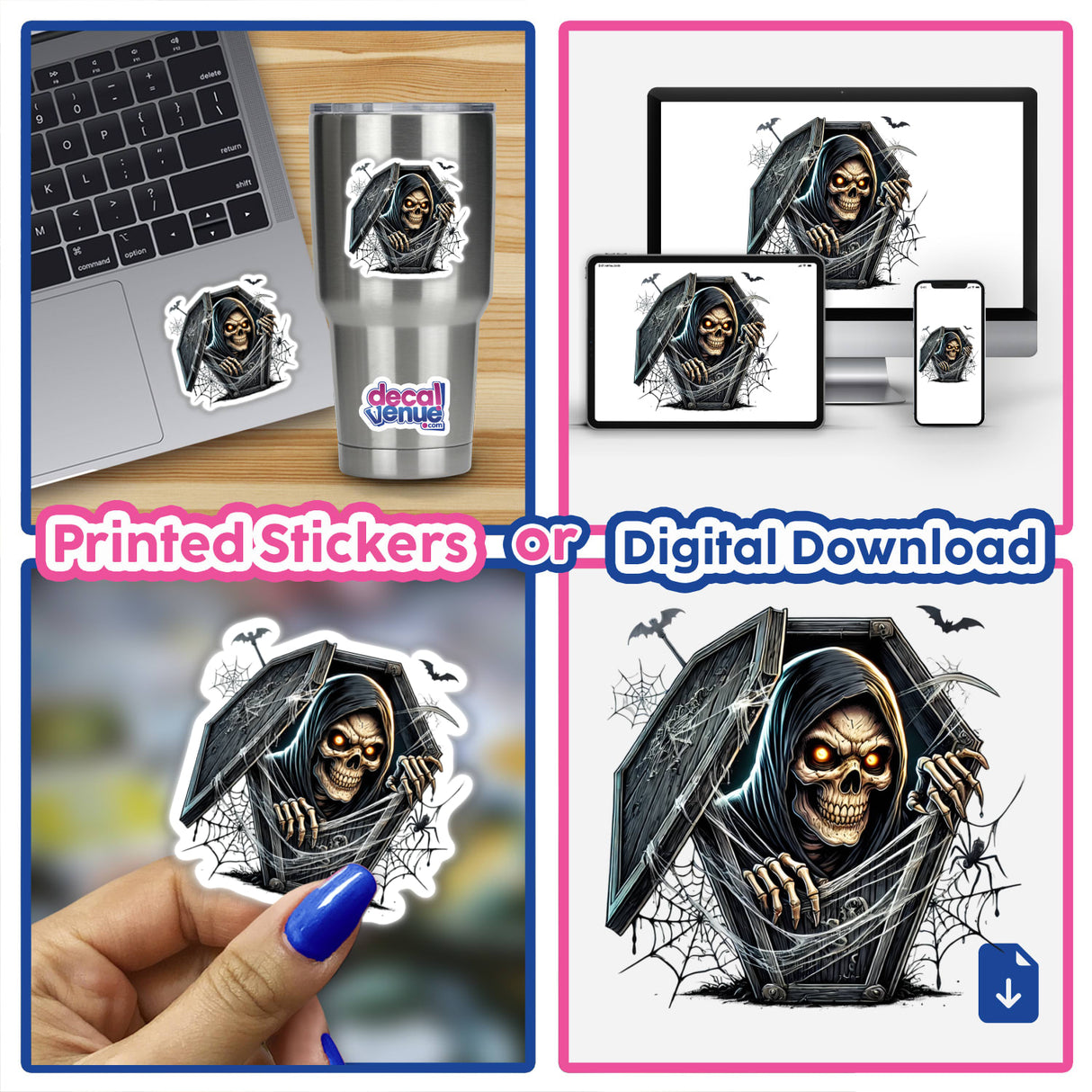 Spooky Halloween Grim Reaper Decal - Creepy skull peeking out of coffin design for stickers, digital downloads, and custom products.