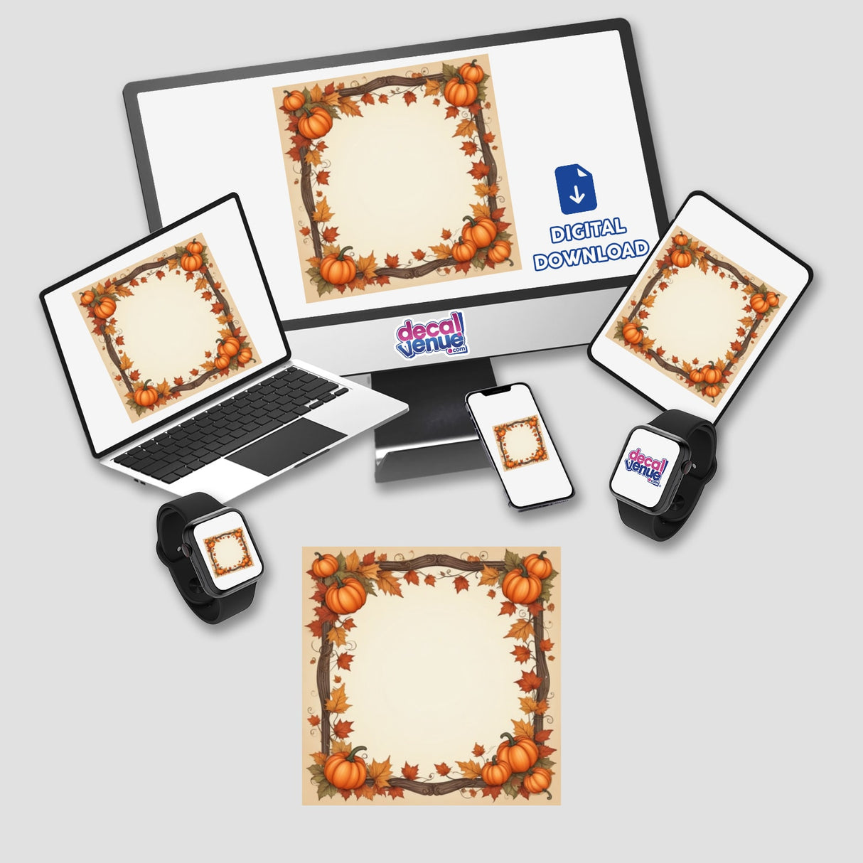Autumn Aesthetic Frame Clipart – Fall Pumpkin and Leaf Design displayed on a laptop, tablet, and computer monitor, ideal for social media and print with commercial rights.