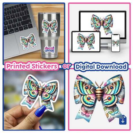 Vibrant digital art butterfly stickers displayed on multiple devices and surfaces. Colorful, intricate butterfly design with a psychedelic, whimsical style. Versatile stickers that can be printed or downloaded digitally to express creativity and individuality.