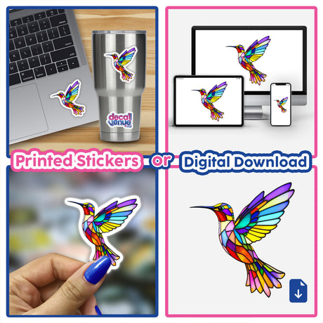 Hummingbird Stained Glass Style stickers feature a vibrant bird design, perfect for decorating laptops or cups. Available as unique stickers or digital artwork from Decal Venue.