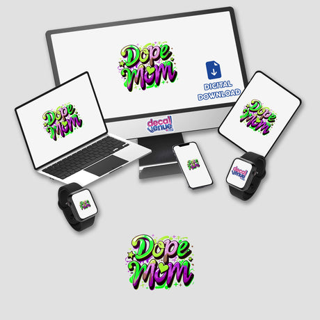 a laptop, phone, and other electronic devices with stickers on them