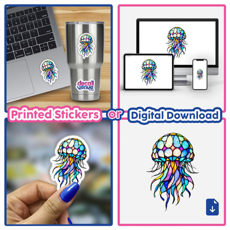 Collage featuring Jellyfish Stained Glass Style stickers and digital download, showcasing vibrant jellyfish designs on laptops and cups. Available at Decal Venue, known for unique stickers and digital art.