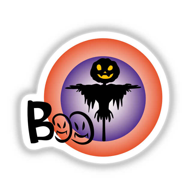 Smiling scarecrow with Boo text, available as stickers or digital artwork.