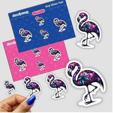Hand holding a Gothic Flamingo sticker, surrounded by various flamingo-themed stickers from Decal Venue's unique collection.