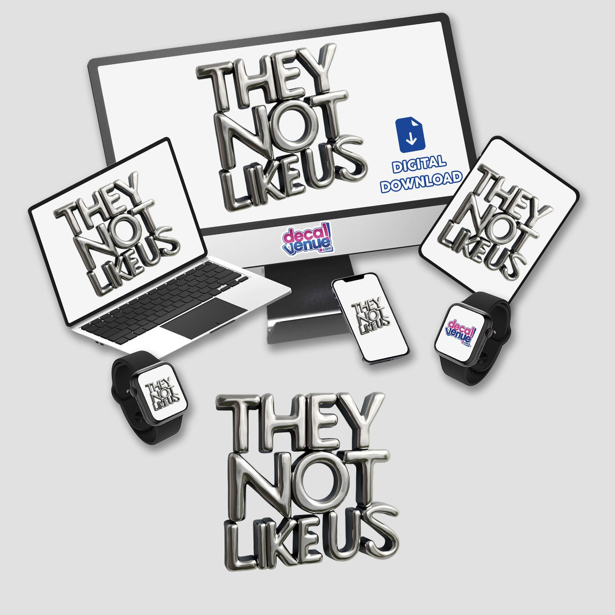 Polished Metal They Not Like Us sticker or digital artwork featuring a sleek design of a computer monitor, laptop, and watch, highlighting modern technology elements.