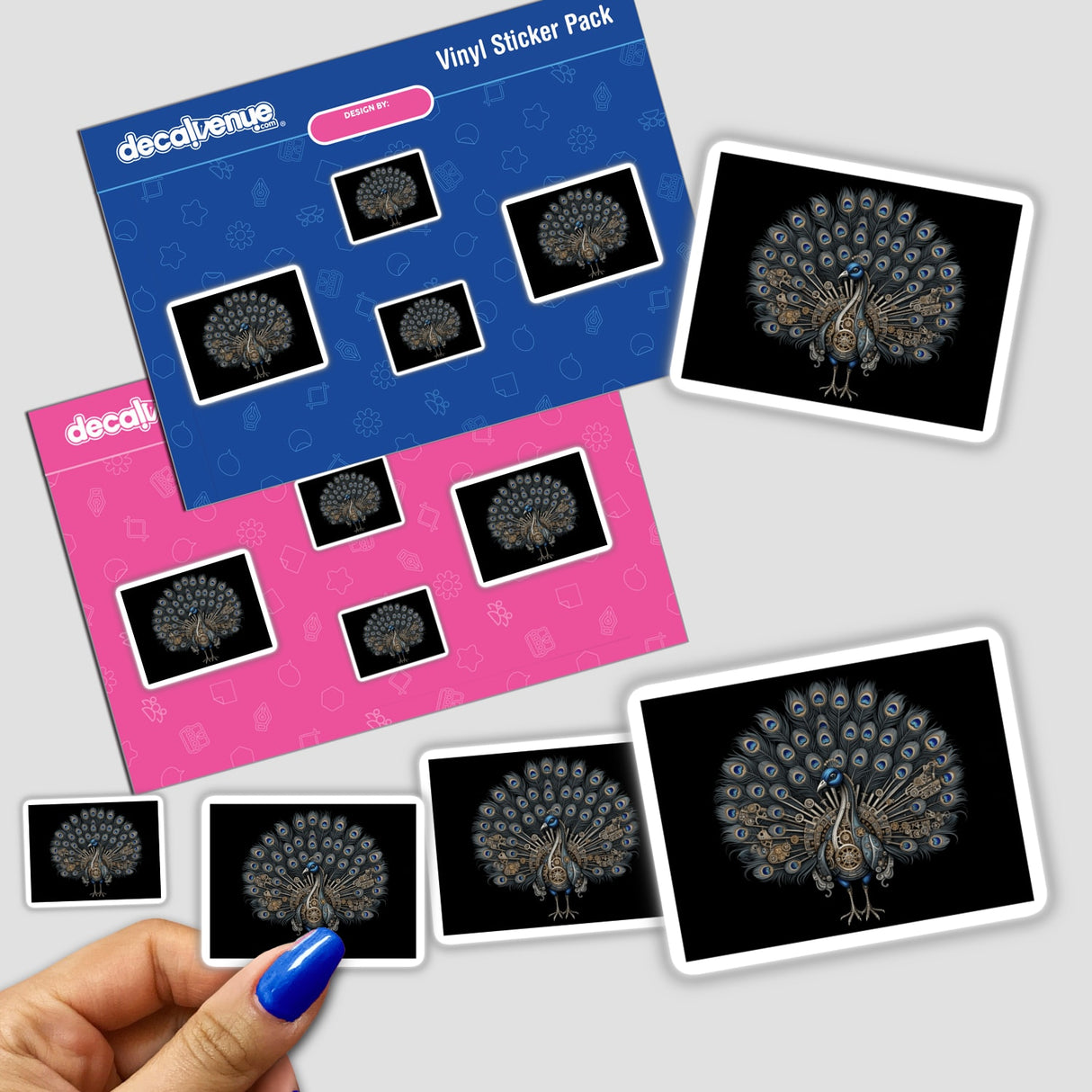 Sticker pack titled Steampunk Peacock with Gears and Metallic Feathers features intricate peacock designs, showcasing gears and feathers, available as stickers or digital artwork.