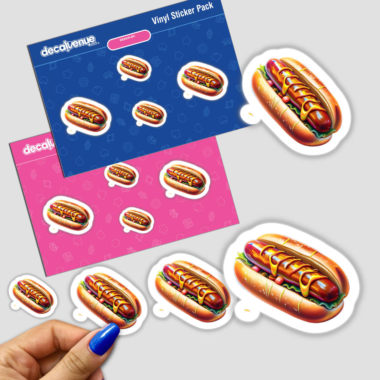 Hand holding a sticker pack featuring hot dogs with mustard and lettuce, available as stickers or digital artwork from Decal Venue.