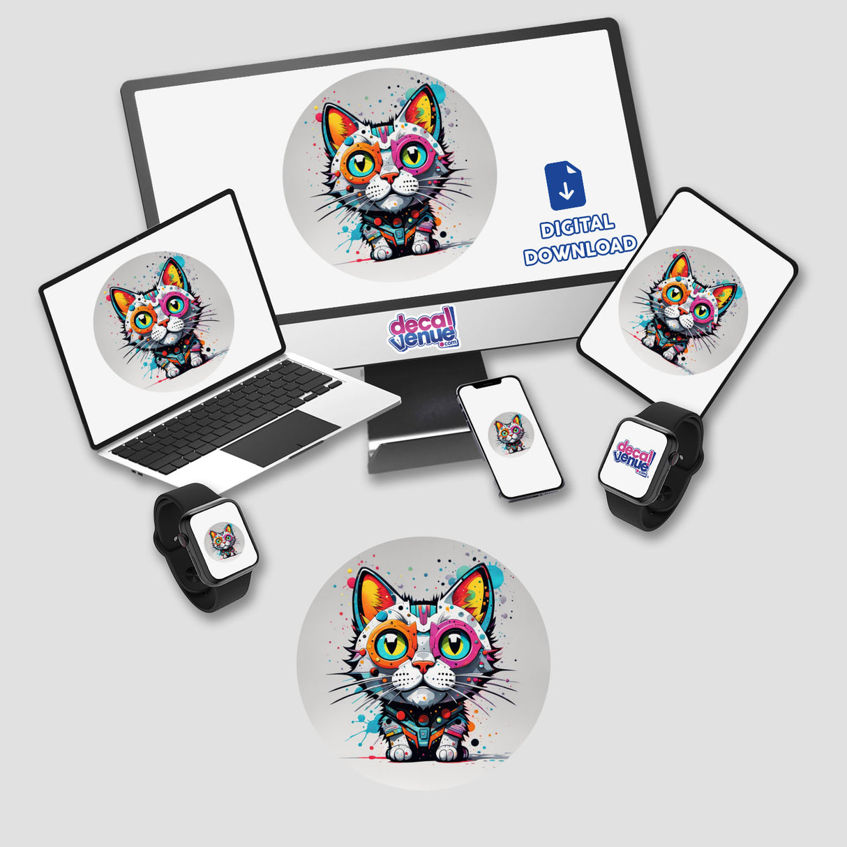 Cool colored cat featured on a computer monitor and laptop screen, available as stickers or digital artwork. The lively cat illustration embodies the unique digital art vibe of Decal Venue.