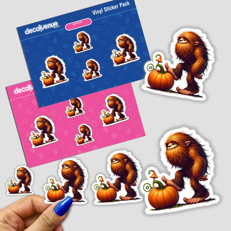 Sasquatch with Pumpkin Digital Artwork Stickers - Whimsical Bigfoot characters, vibrant pumpkin motif, colorful vinyl decals for creative expression