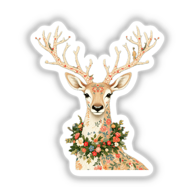 Chinoiserie Reindeer sticker features an illustrated deer with antlers adorned with flowers, capturing a blend of elegance and whimsy, available as a sticker or digital artwork at Decal Venue.