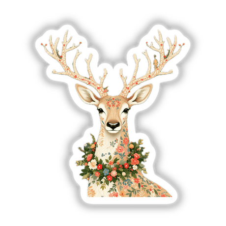 Chinoiserie Reindeer sticker features an illustrated deer with antlers adorned with flowers, capturing a blend of elegance and whimsy, available as a sticker or digital artwork at Decal Venue.