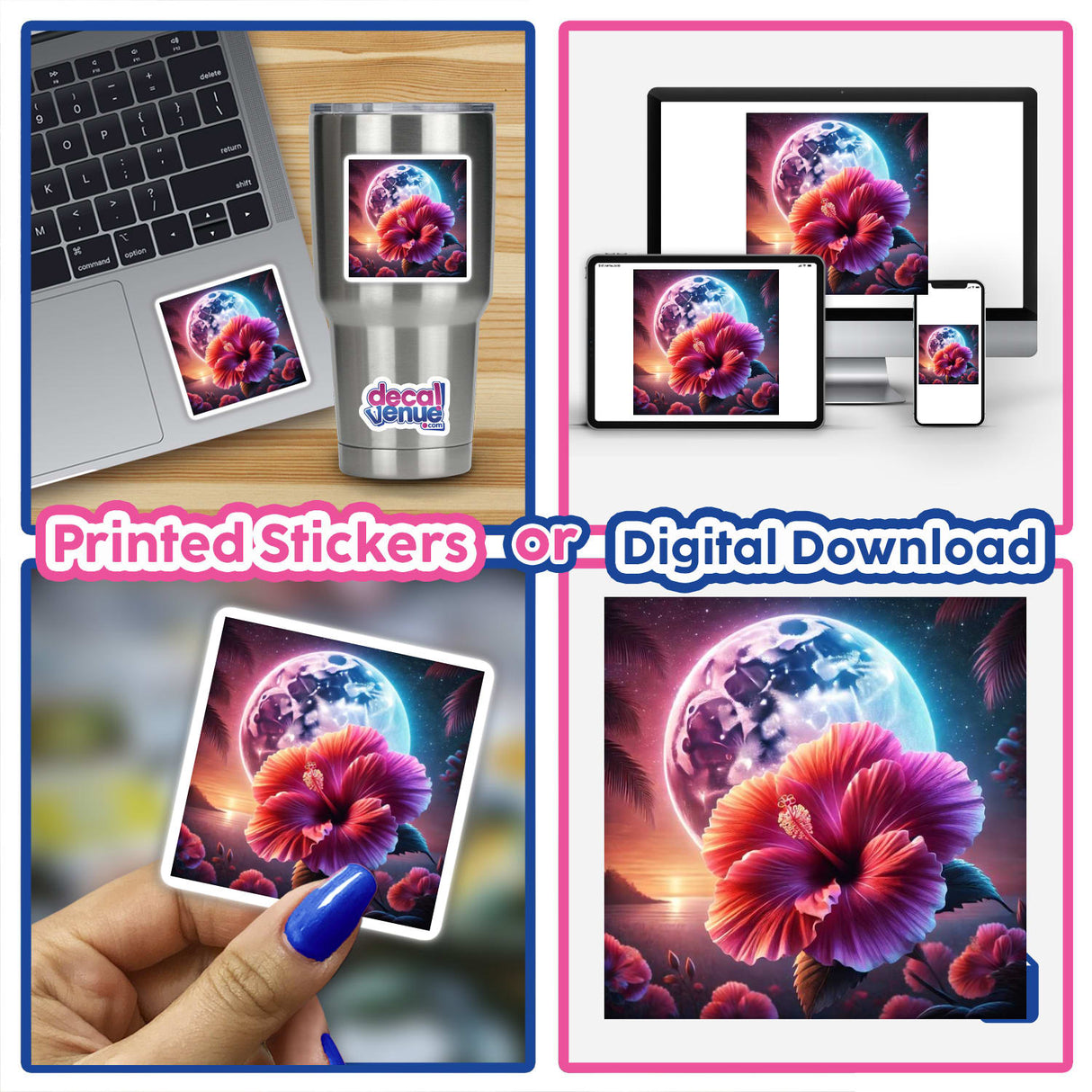 Twilight Hibiscus Blooming Under the Moonlight sticker collage, featuring lush tropical flowers under a dreamy night sky, with close-ups of laptops and phones showcasing the design.