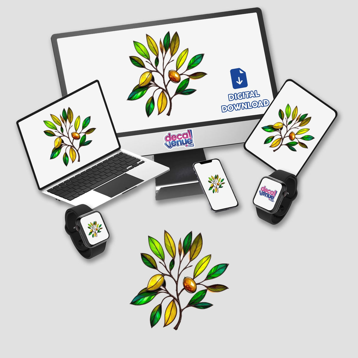 Olive Branch Stained Glass Style displayed on a computer monitor and laptop, representing unique stickers or digital artwork from Decal Venue.
