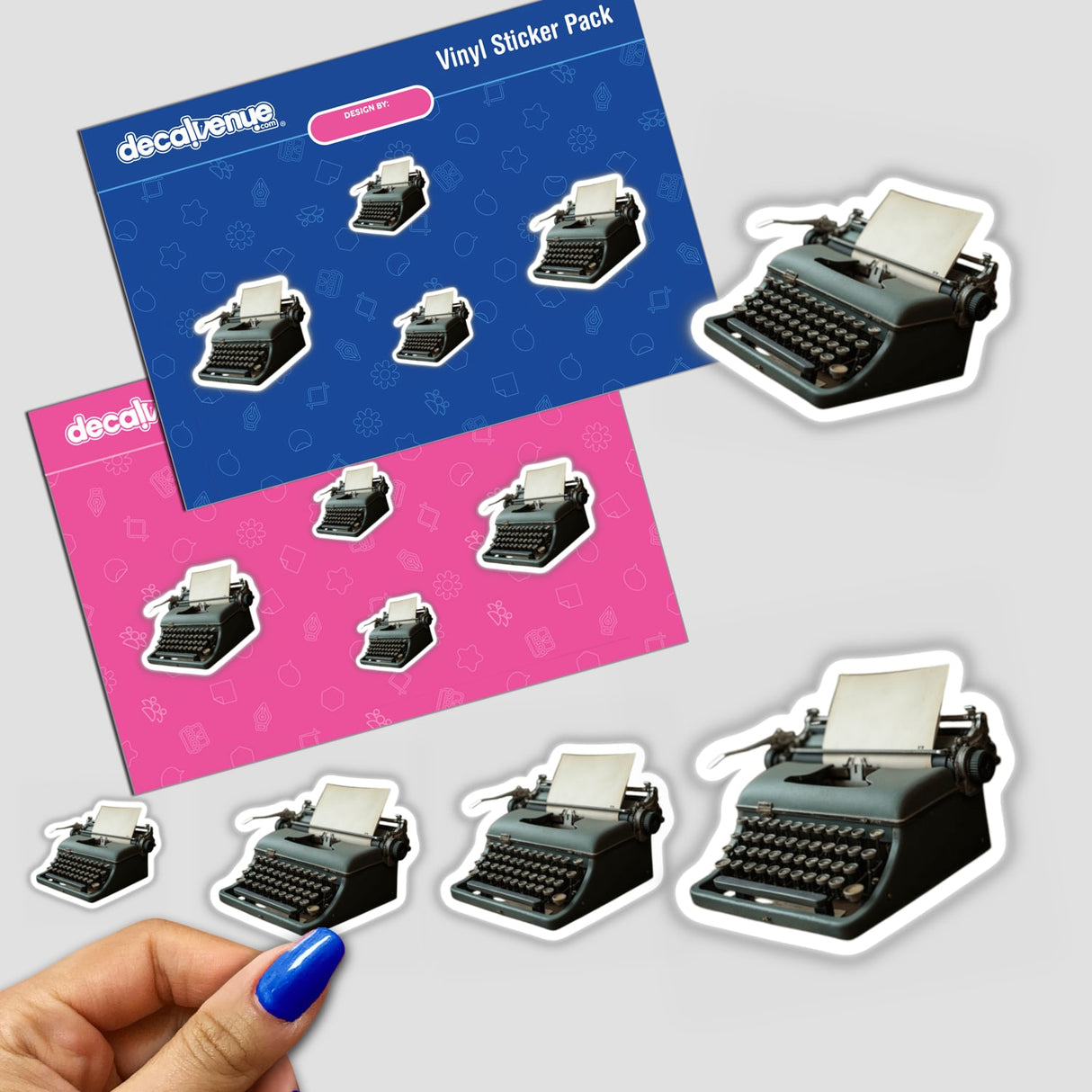 Hand holding an Old Typewriter Dark Academia Sticker or Clipart showcasing a typewriter design, available as a sticker or digital artwork with commercial rights from Decal Venue.