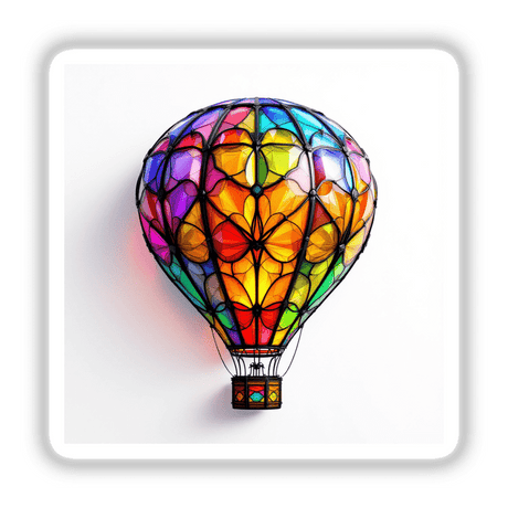 Hot Air Balloon Stained Glass Style artwork, available as stickers or digital art, featuring a vibrant design reminiscent of stained glass, perfect for adding a unique touch from Decal Venue.