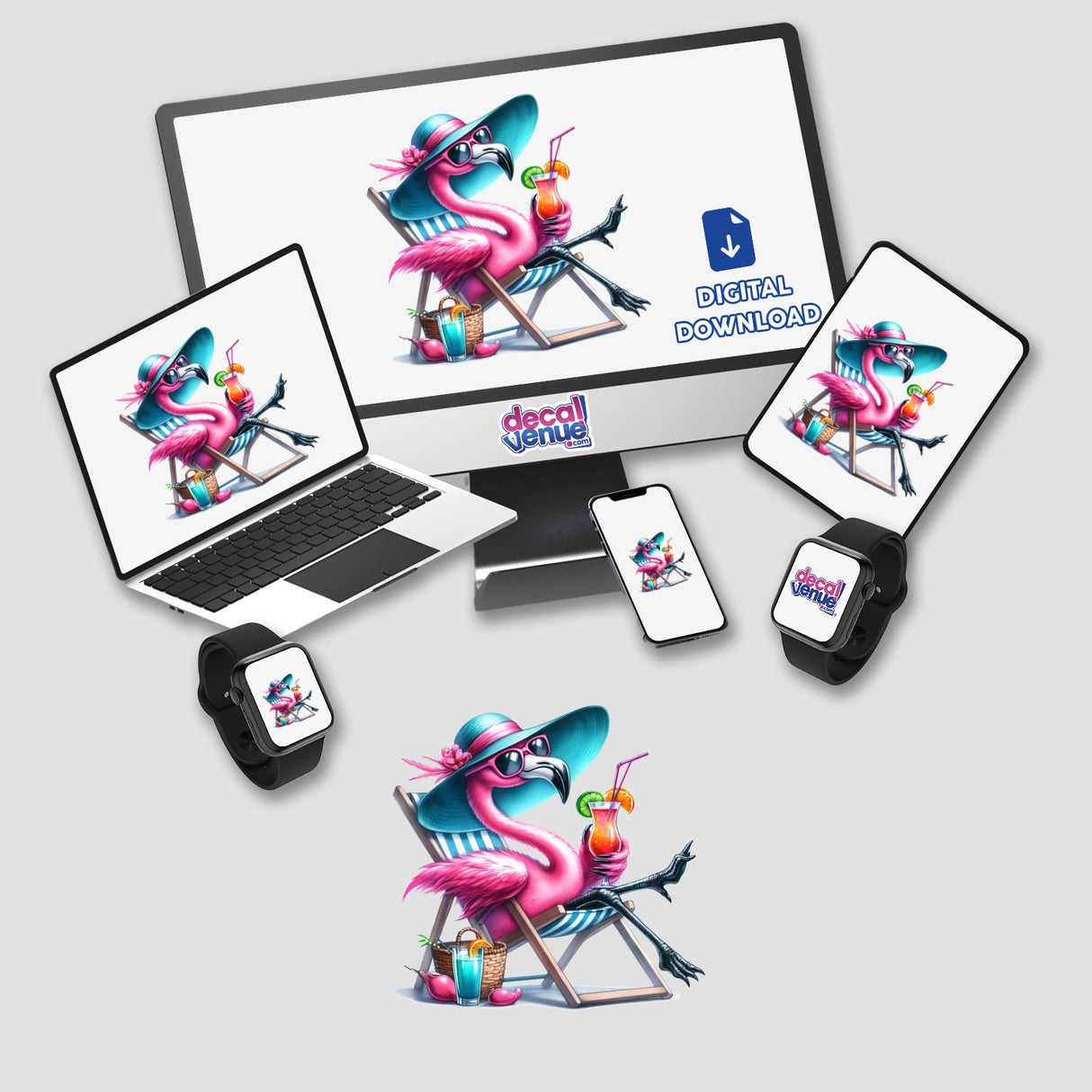 Vibrant digital artwork depicting a pink flamingo relaxing on the beach, wearing sunglasses and sipping a tropical cocktail. The flamingo is surrounded by beach-themed accessories, including a beach chair, towel, and sunscreen, showcasing a fun and whimsical summer scene.