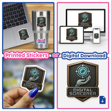 Digital Sorcerer – RPG-Style Skill Badge, featuring intricate bronze and silver tech emblem design, available as vinyl stickers or digital artwork, embodying Decal Venue's unique vinyl and digital art offerings.