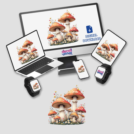 Magical Mushrooms with Blooming Spring Flowers displayed on a computer monitor and laptop, showcasing vibrant mushrooms and spring flowers, ideal as stickers or digital art from Decal Venue.