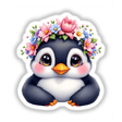Adorable Penguin with a Spring Flower Crown: A whimsical cartoon penguin wearing a vibrant flower crown, perfect as a sticker or digital artwork for adding charm and playfulness to any space.