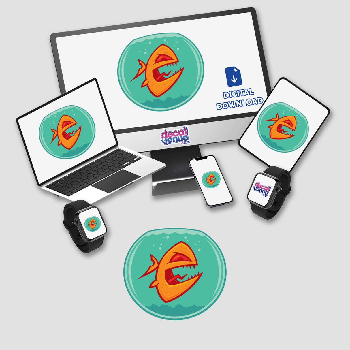 Angry Goldfish cartoon displayed on computer monitor and laptop screens, part of a sticker pack from Decal Venue, known for unique stickers and digital art.