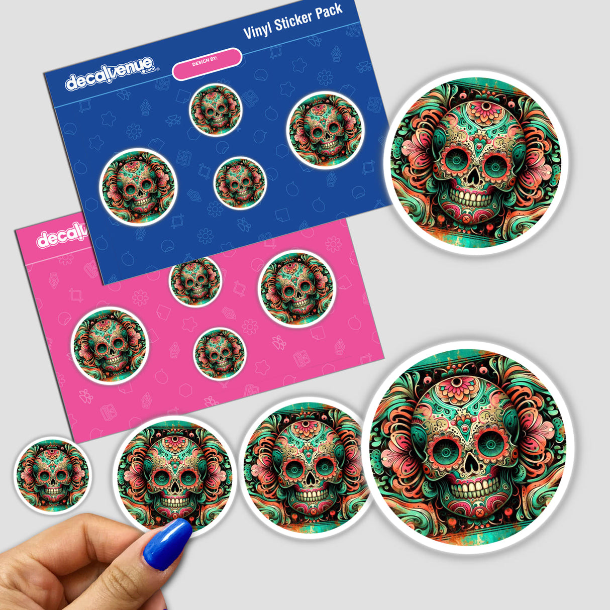 Colorful sugar skull sticker pack: Vibrant day of the dead-inspired digital artwork with intricate floral patterns and decorative skull designs, showcased on a sticker pack from Decal Venue, an online store specializing in unique stickers and digital art.