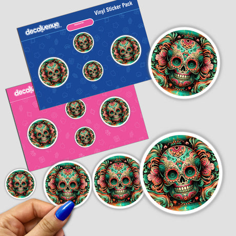 Colorful sugar skull sticker pack: Vibrant day of the dead-inspired digital artwork with intricate floral patterns and decorative skull designs, showcased on a sticker pack from Decal Venue, an online store specializing in unique stickers and digital art.
