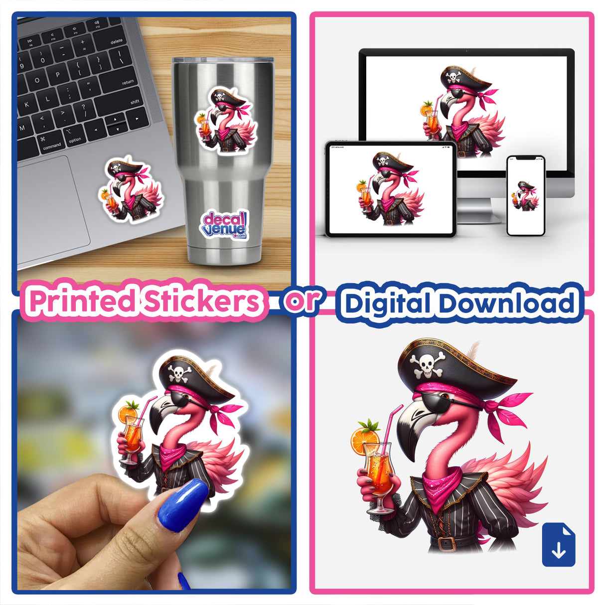 Flamingo pirate with tropical drink - vibrant digital artwork available as printed stickers or digital download from Decal Venue, an online store offering unique stickers and digital art.